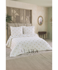ALARA PİKE Krem Premium Ponponlu Şönil Çift Kişilik Yatak Örtüsü Takımı
