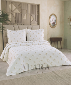 ALARA PİKE Krem Premium Ponponlu Şönil Çift Kişilik Yatak Örtüsü Takımı