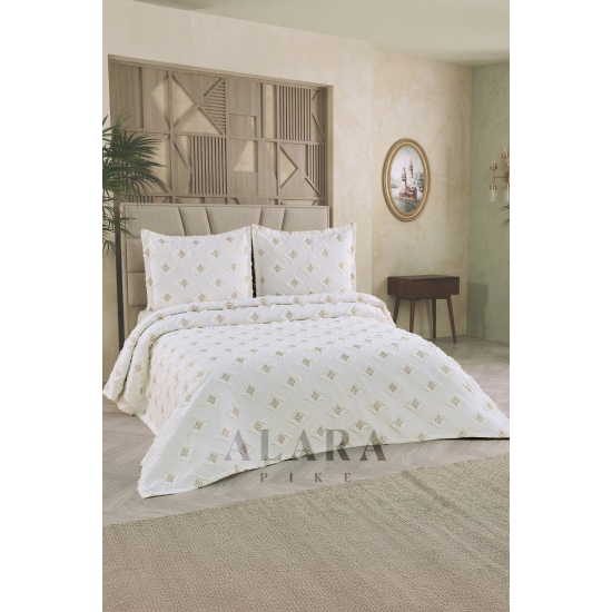 ALARA PİKE Krem Premium Ponponlu Şönil Çift Kişilik Yatak Örtüsü Takımı