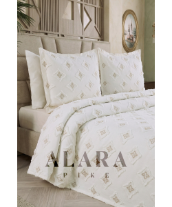 ALARA PİKE Krem Premium Ponponlu Şönil Çift Kişilik Yatak Örtüsü Takımı