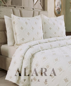 ALARA PİKE Krem Premium Ponponlu Şönil Çift Kişilik Yatak Örtüsü Takımı