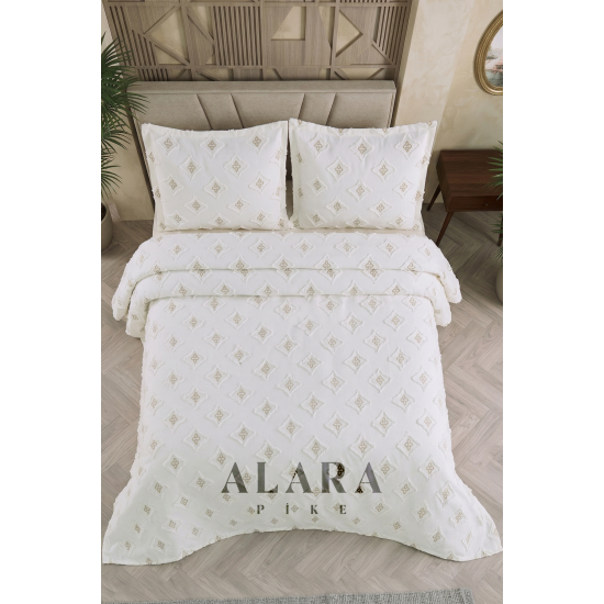 ALARA PİKE Krem Premium Ponponlu Şönil Çift Kişilik Yatak Örtüsü Takımı