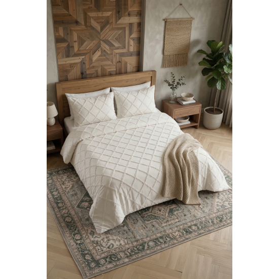 ALARA PİKE Velora 3 Parça Çift Kişilik Yatak Örtüsü - Krem (240x250)