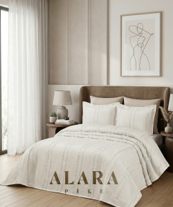 ALARA PİKE 3 Parça Krem Çift Kişilik Yatak Örtüsü