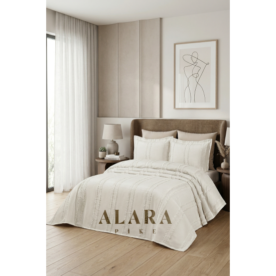 ALARA PİKE 3 Parça Krem Çift Kişilik Yatak Örtüsü