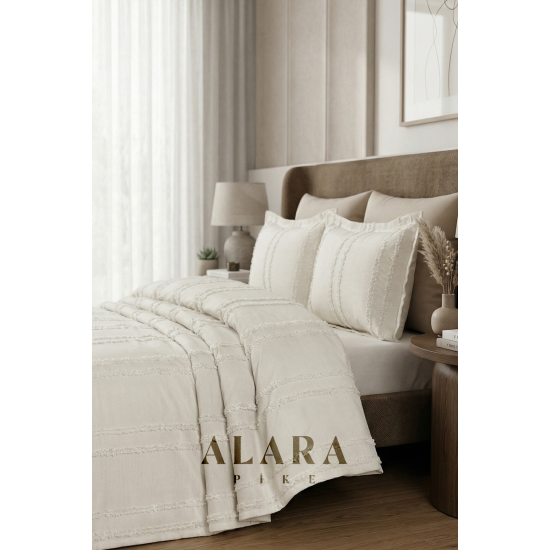 ALARA PİKE 3 Parça Krem Çift Kişilik Yatak Örtüsü