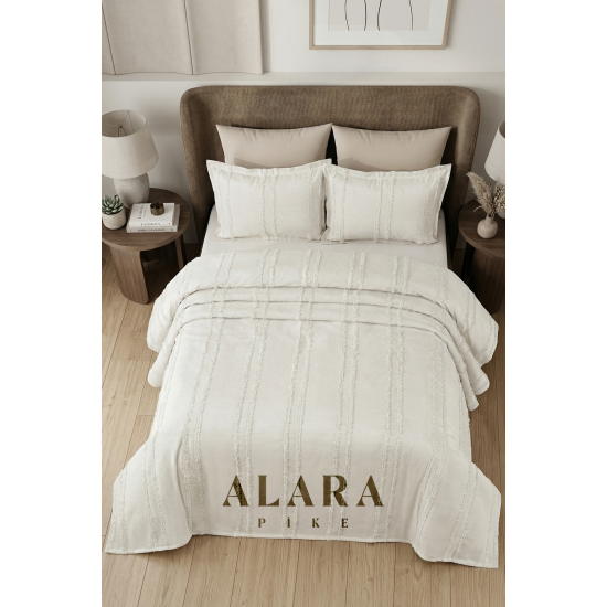 ALARA PİKE 3 Parça Krem Çift Kişilik Yatak Örtüsü
